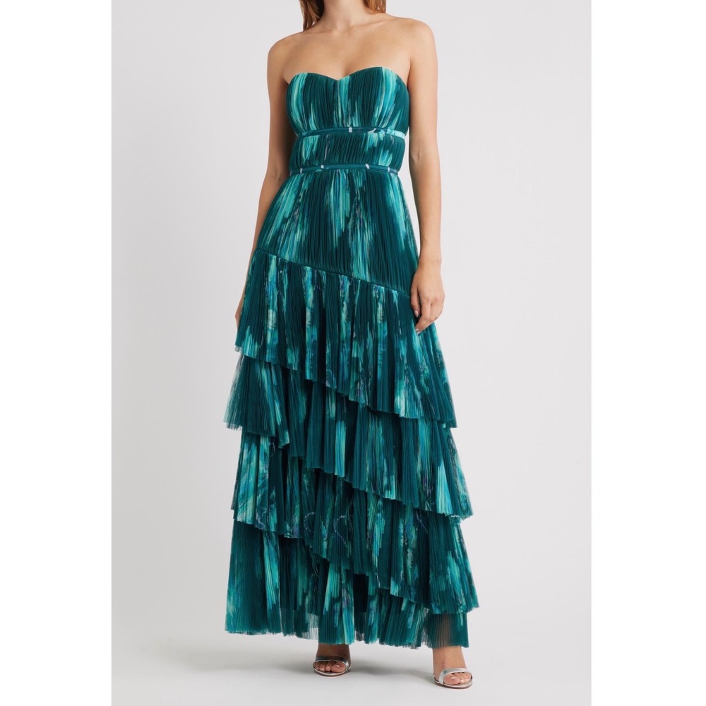 Hutch Lanza Strapless Tiered Tulle Gown in Teal‎ Bloom Size 2